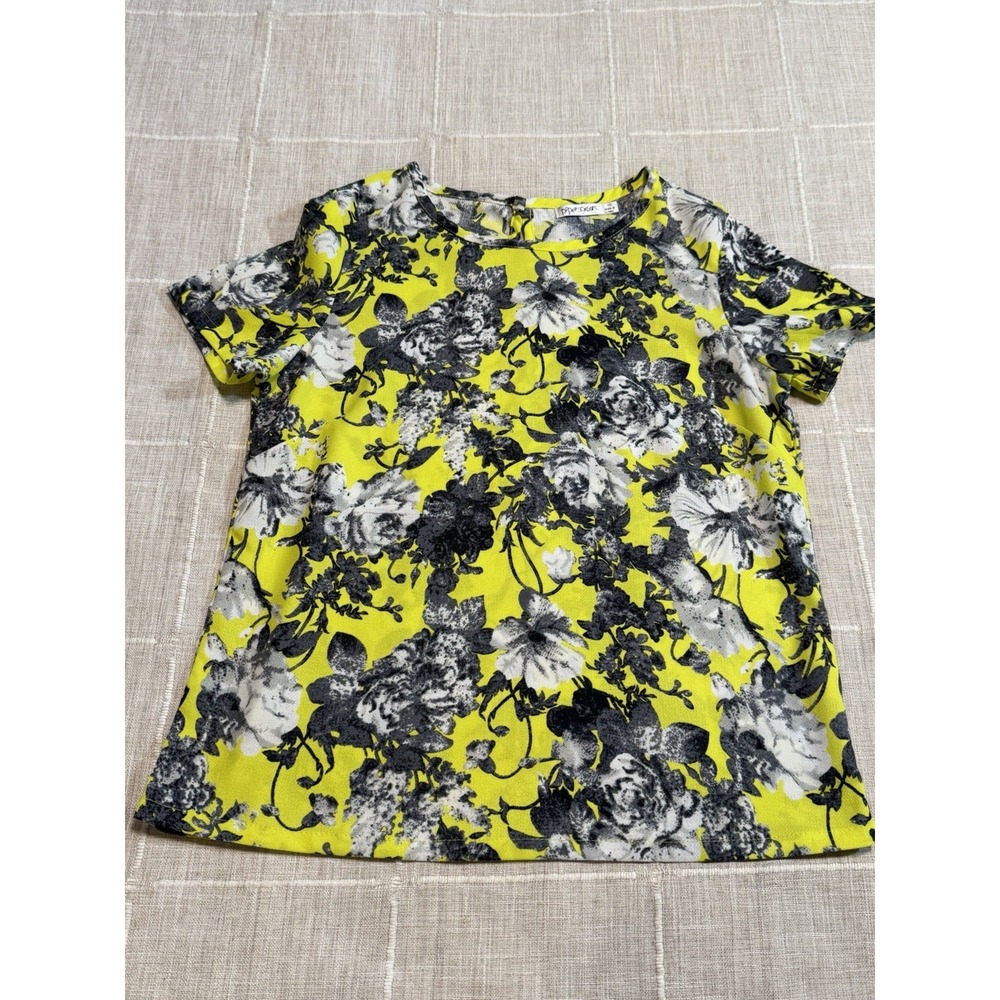 Paper Scissors Womens Size 10 Floral Blouse Bright Yellow Black Short Sleeve Top